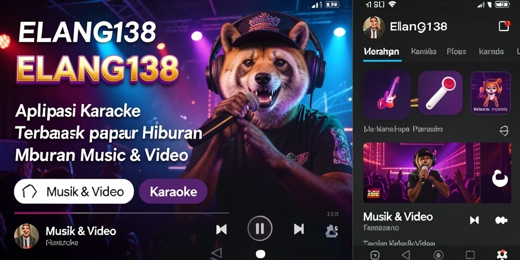 Antarmuka ELANG138 menunjukkan berbagai pilihan lagu dan efek suara untuk karaoke.
