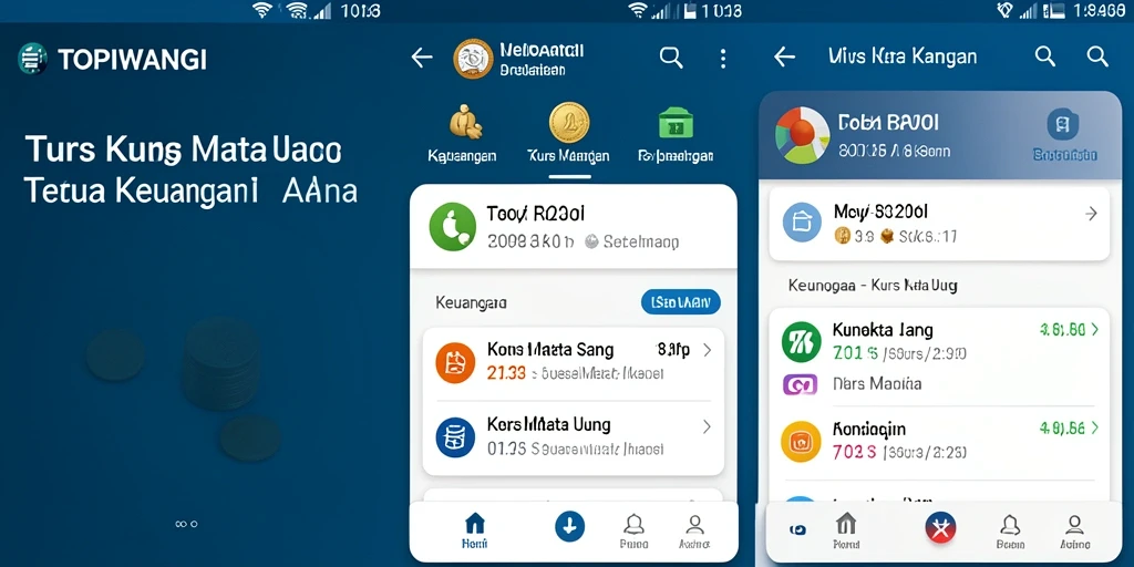 Screenshot utama aplikasi TOPIWANGI menampilkan antarmuka Kurs Mata Uang yang informative.